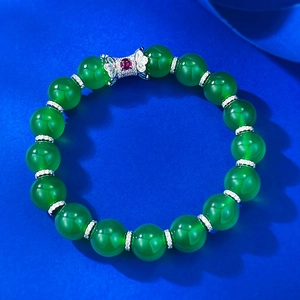S925 sterling silver green chalcedony bead bracelet with ruby butterfly clasp