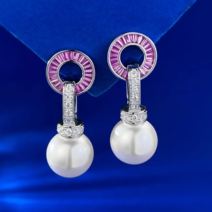 S925 silver pearl drop earrings with pink baguette gemstone and white round pearl