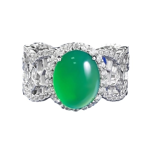 Luxurious silver ring with large oval green agate stone and sparkling zircon pavé setting