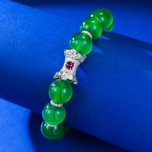 S925 silver bracelet with translucent green agate beads and red stone floral centerpiece
