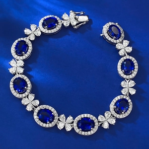 Bracelet de Luxe en Argent Sterling 925 Saphir Bleu Royal Ovale Avec Connecteurs en Strass Forme Fleur pour Femme Bijoux Cadeau
