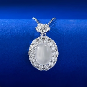 Detail of S925 silver oval chalcedony pendant with flower bail and zircon stones
