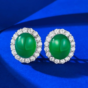 Orecchini a Bottone Halo in Argento Sterling 925 Calcedonio Verde per Donna Elegante Gemma Ovale Intarsiata Strass Gioielli Vintage