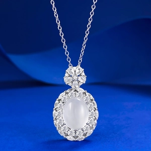 Vintage S925 Sterling Silver Necklace With White Quartzite Jade Oval Pendant And Rhinestone Accents Jewelry For Women