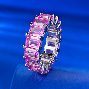 925 Sterling Silver Cherry Pink Pave Eternity Ring For Women Rectangular Cut Rhinestone Inlaid Band Ring Fashion Jewelry