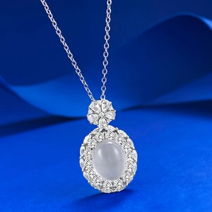 Elegant S925 silver necklace with oval chalcedony gemstone and floral pendant design