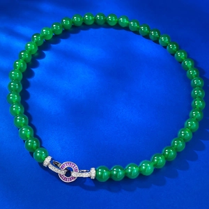 S925 Sterling Silver Green Chalcedony Beaded Necklace Women Vintage Chinese Style Agate Beads Necklace Rhinestone Inlaid Clasp