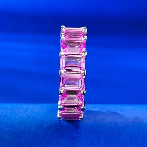 925 silver ring featuring rectangular emerald-cut pink crystals in a row setting