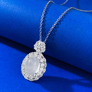Elegant S925 silver necklace with iced chalcedony oval pendant and flower cluster detail