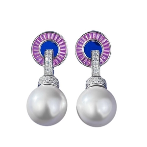 Elegant S925 silver 14mm pearl drop earrings with blue enamel and purple gemstones