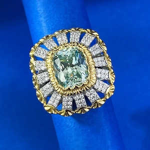 Vintage S925 silver cocktail ring with cushion-cut green gemstone and gold textured border