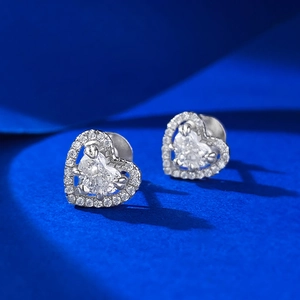Sparkling S925 silver heart shaped stud earrings with micro-pave diamond halo setting