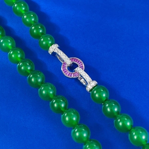 Polished 10mm green chalcedony bead necklace with silver buckle and zircon accents