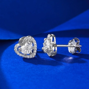 S925 sterling silver heart stud earrings with halo cubic zirconia in blue backdrop
