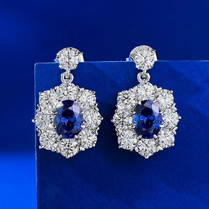 925 Sterling Silver Oval Tanzanite Blue Rhinestone Stud Earrings For Women Vintage Halo Geometric Wedding Jewelry Anniversary Gift