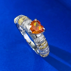 S925 sterling silver heart-shaped orange gemstone ring with sparkling side stones