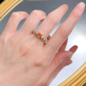 S925 sterling silver ring with 6mm heart-shaped orange gemstone and tiered diamond setting