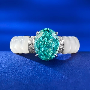 Bague en Argent Sterling S925 Pierre Ovale Couleur Paraiba Incrustation Nacre Blanche Strass Bague Vintage Luxueux Bijoux Femme