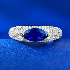 S925 silver ring with 5x10mm marquise blue stone and pave-set sparkling diamonds