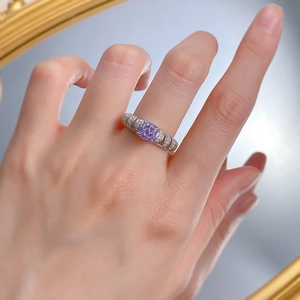 Luxurious S925 silver ring with square purple carbon diamond and side pave stones