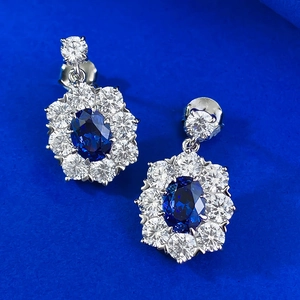 Elegant S925 silver oval blue sapphire halo earrings with sparkling zircon gemstones