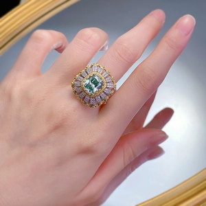 Vintage S925 silver ring with green tourmaline and white diamonds in cocktail style