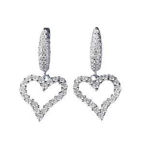 S925 silver irregular heart hoop earrings with pavé white zircon stones on white background