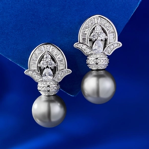 Vintage Grey Synthetic Artificial Pearl Drop Earrings With 925 Sterling Silver Earring Post Zircon Inlaid Palace Style For Women