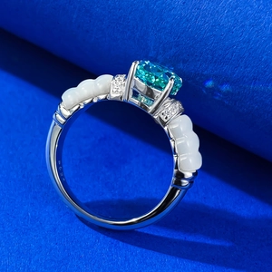 Bague en argent S925 avec pierre bleue et incrustations en nacre blanche