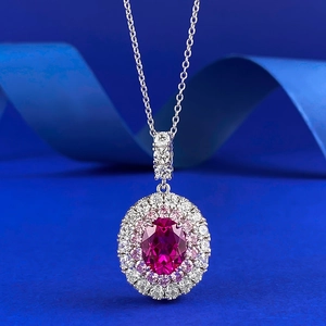 Elegant 925 Sterling Silver Oval Rose Flower Rubellite Pendant Necklace For Women Double Halo Rhinestone Fashion Jewelry