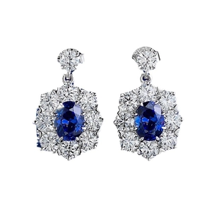 Luxurious S925 silver dangle earrings with oval tanzanite blue stones and diamond halo