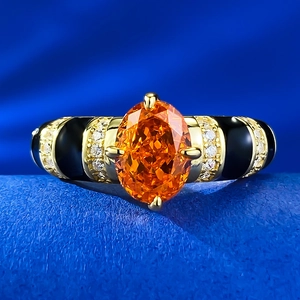 Bague de Luxe en Argent Sterling S925 avec Pierre Orange Ovale Plaquée Or Émail Noir Strass Bague de Mode Vintage pour Femme