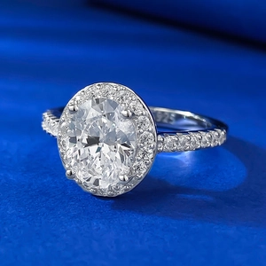 Classic 925 silver halo ring with oval high carbon diamond and micro-paved accents