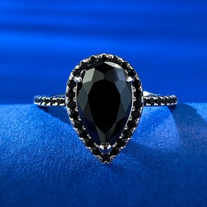 925 Sterling Silver Pear Shaped Black Zirconia Ring Vintage Water Drop Halo Inlaid Ring For Women Party Jewelry Gift