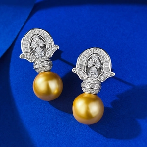 Elegant 925 silver 11mm golden pearl earrings with vintage zircon royal palace setting