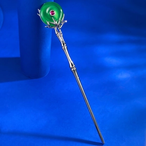 Elegant bamboo style metal hair pin with green chalcedony bead and red gem accent
