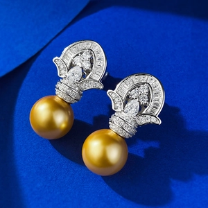 Elegant 925 silver earrings featuring 11mm golden synthetic pearls with diamond accents