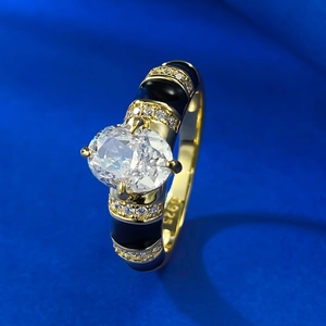 S925 silver gold plated ring with oval white diamond and black enamel accents