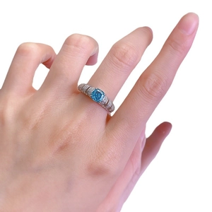 925 silver ring with 6x6mm square blue carbon diamond and pave setting for women
