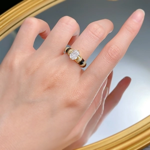 Elegant gold plated S925 silver ring with oval white zircon and black enamel details