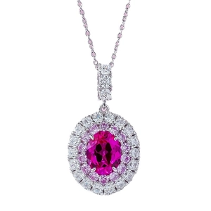 Oval pink sapphire pendant necklace with double halo diamonds and silver chain