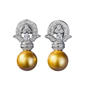 Elegant 925 silver stud earrings with 11mm gold pearls and radiant pavé zircon accents