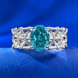 Élégante Bague en Argent Sterling 925 Bleu Paraiba Strass Ovale pour Femme Anneau Tressé Évidé Bijoux de Doigt Incrustés