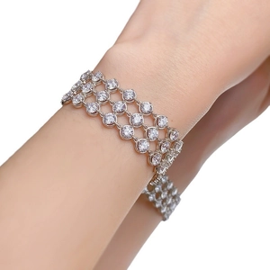 Sparkling triple-row wide crystal bracelet for women with silver-tone interlocking links