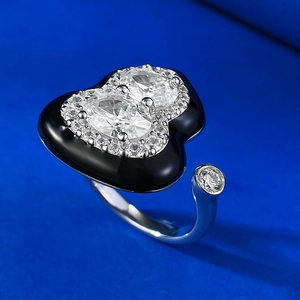 Silver s925 ring with gourd design, black enamel hearts and sparkling simulated diamonds