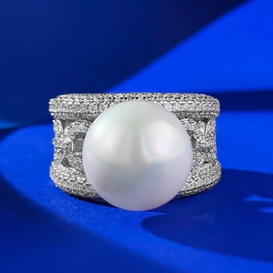 Elegant S925 silver ring with 12mm white pearl and full micro-pave crystals on blue velvet