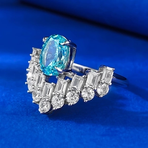 925 silver ring with oval paraiba carbon diamond and crown-shaped zircon accents