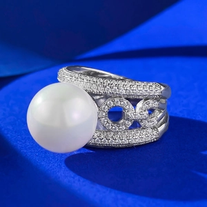 Elegant S925 silver ring with 12mm white pearl and micro-paved sparkling crystals