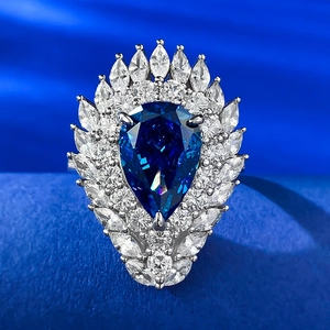 925 Sterling Silver Royal Blue Pear Cut Water Drop Rhinestone Ring For Women Luxury Wedding Party Fashion Jewelry