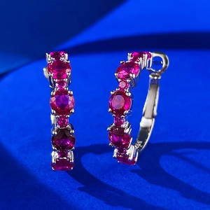 Luxurious S925 sterling silver hoop earrings with deep red pavé set stones for women